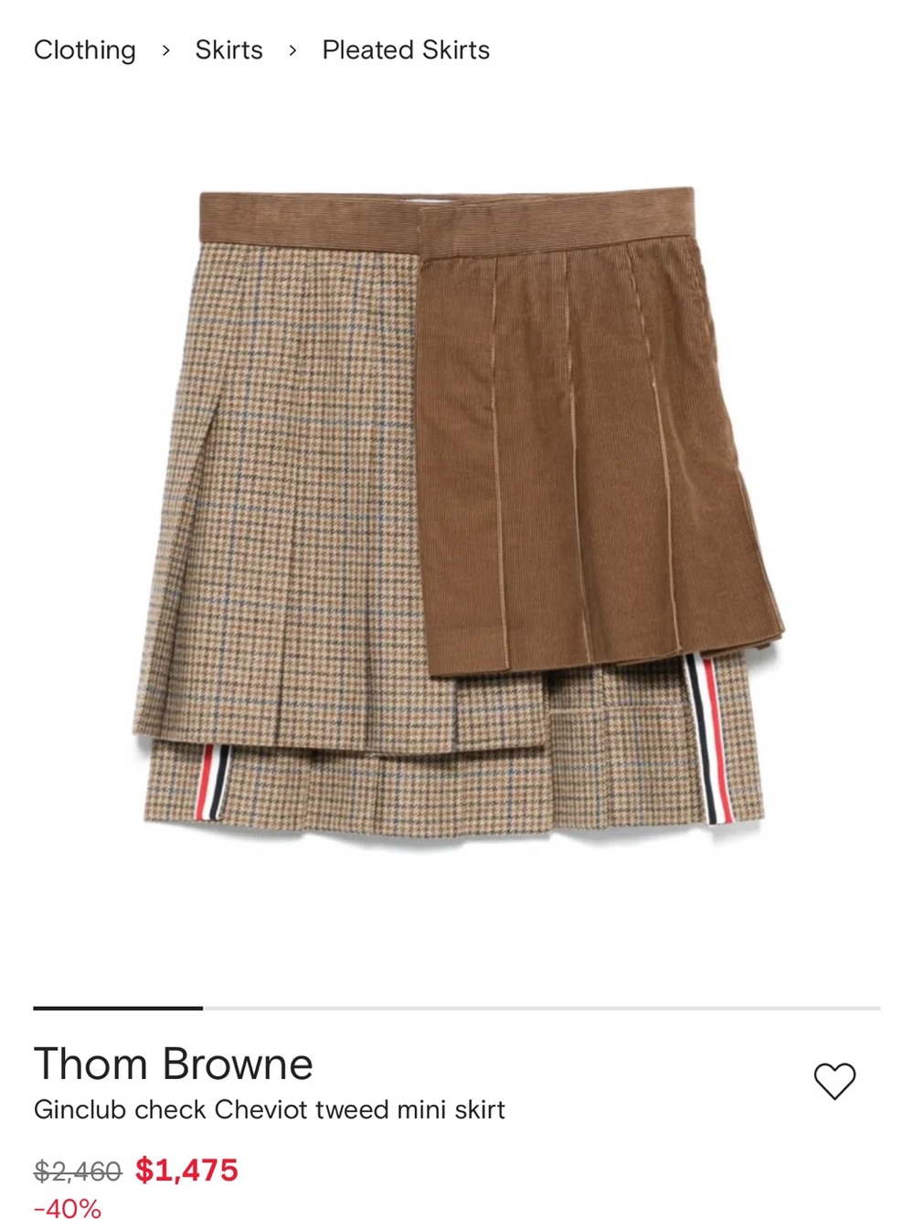 Thom Browne Brown Check and Corduroy Pleated Mini Skirt